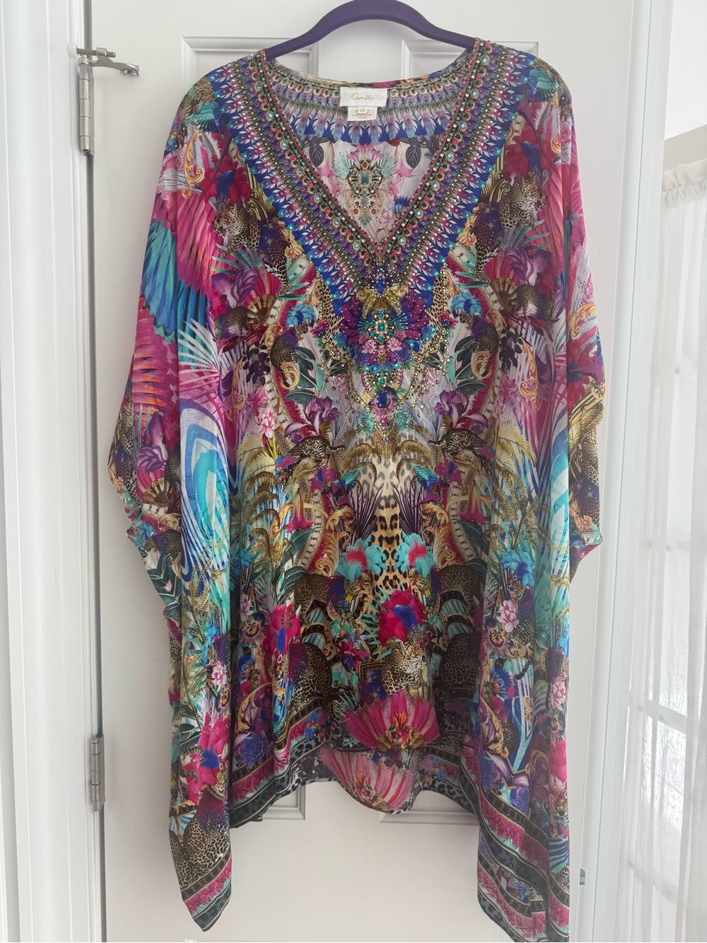 Camilla Multicolor Embellished V-Neck Tunic — Pink, Turquoise, Purple, Gold